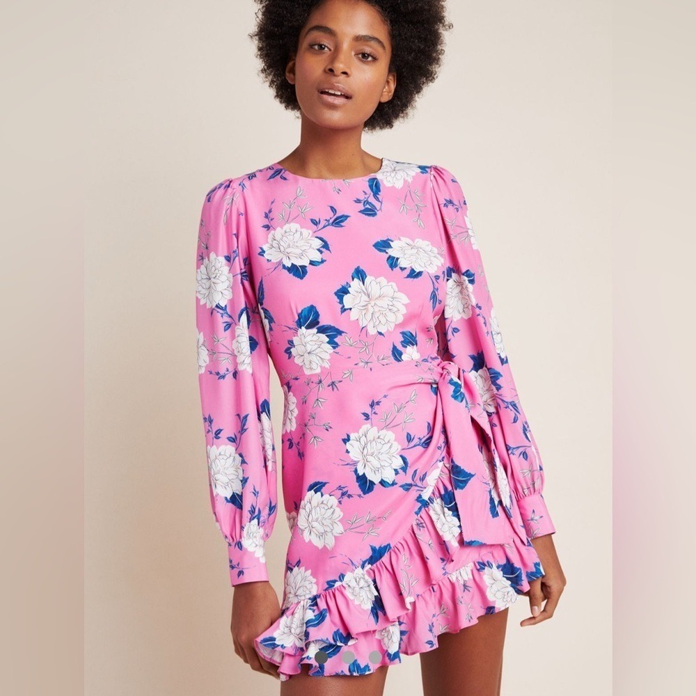 Yumi Kim Pink Floral Silk Ruffle Faux Wrap Mini Sz 2 Spring Wedding Guest‎ Dress